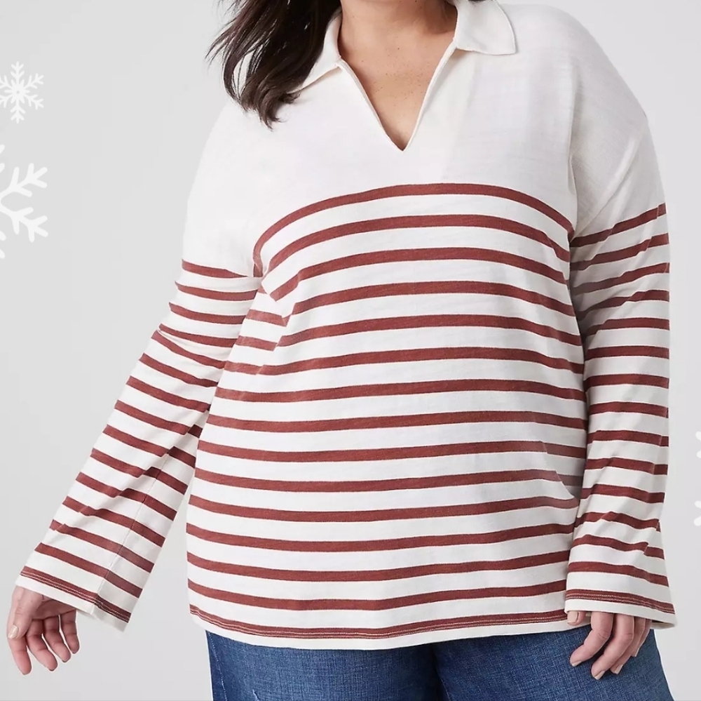 NWT Lane Bryant Striped Collared Open V-Neck Long Sleeve Top Sz 18/20